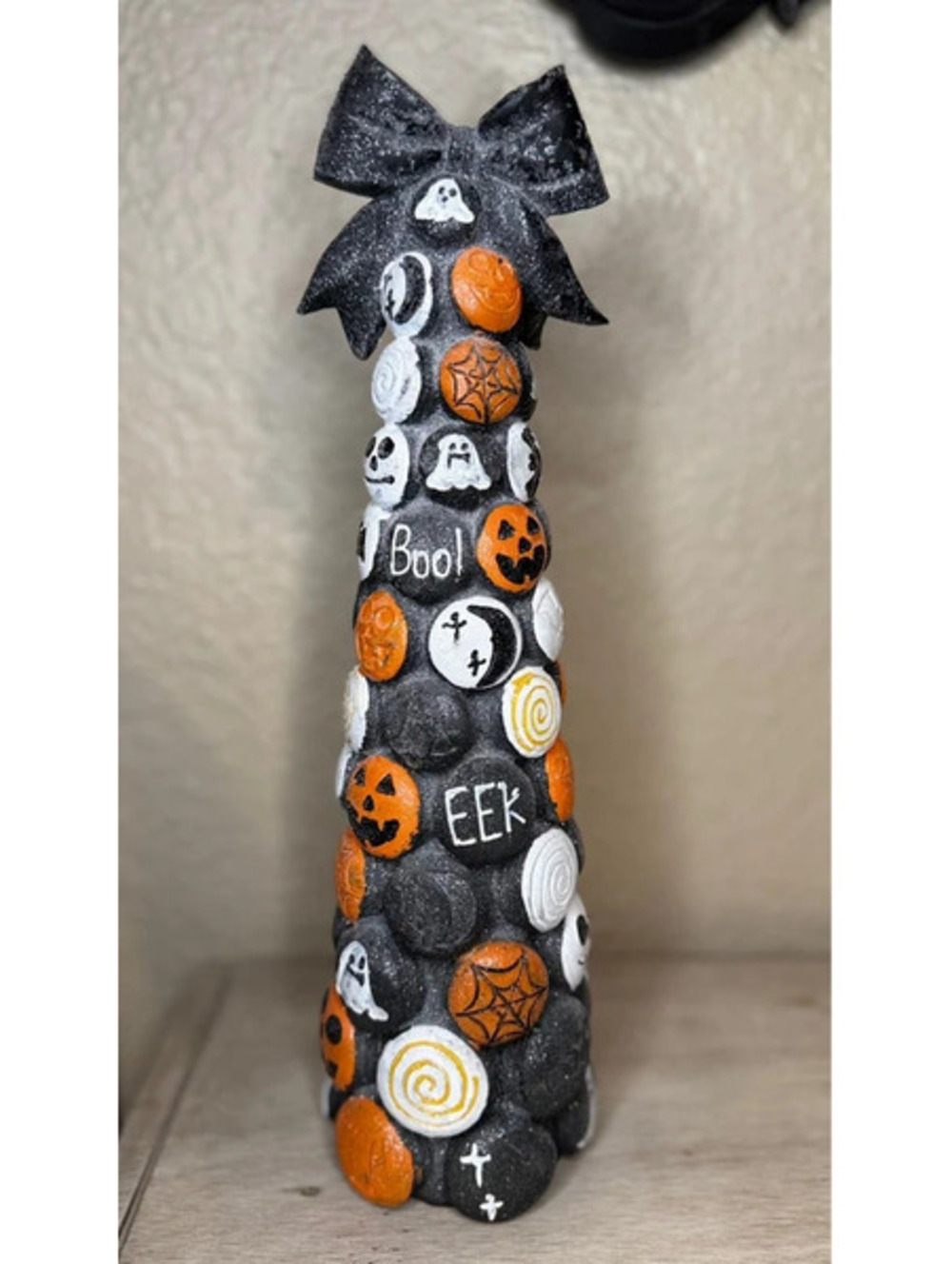 16" Tall Halloween Candy Tower - Resin - Black Glitter Bow - Boo Eek Tree